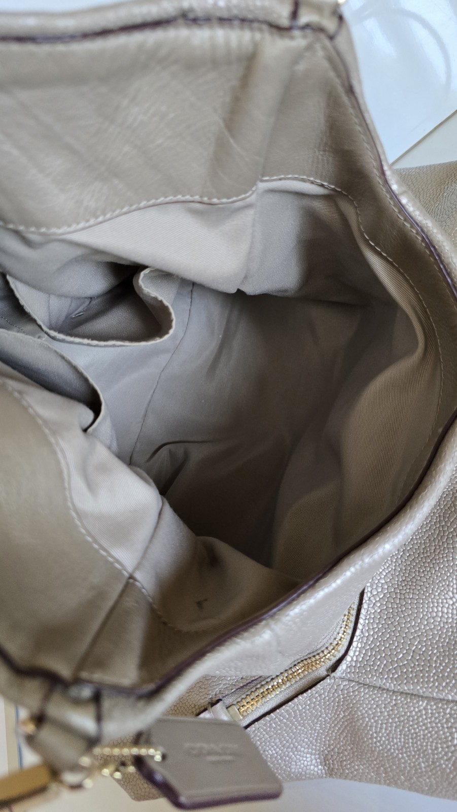 Coach Phoebe Champagne Metallic Pebbled Leather Hobo Shoulder Bag Studded