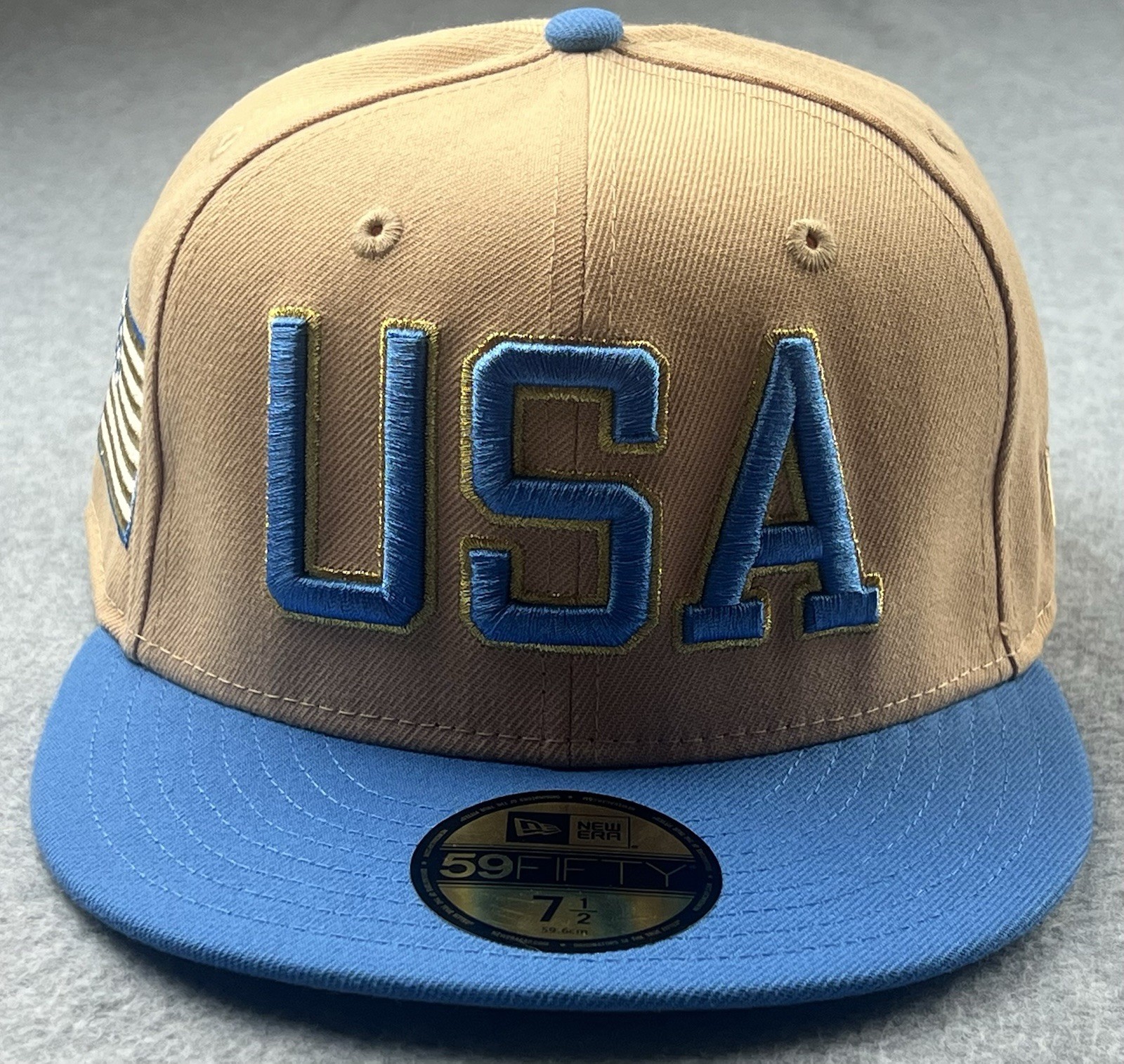 New Era USA 59FIFTY Fitted Hat Size 7 1/2 Khaki/Blue/Gold Hat New