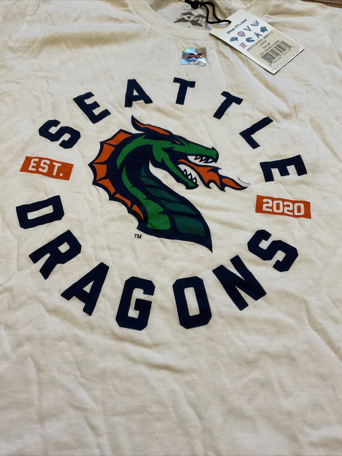 XFL Seattle Dragons Logo Tee T-Shirt White Top Size Small New Mens Womens