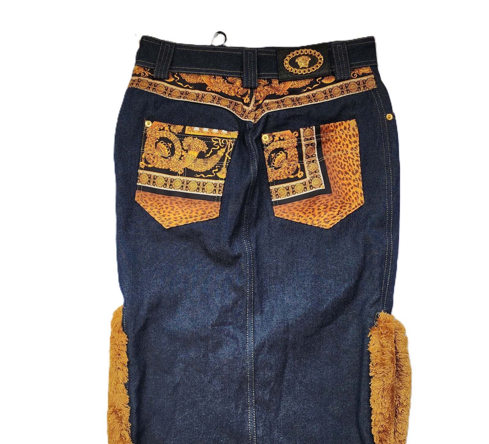 $2995 Designer VERSACE Women’s Indigo Gold Stitching Medusa Long Denim Skirt 40