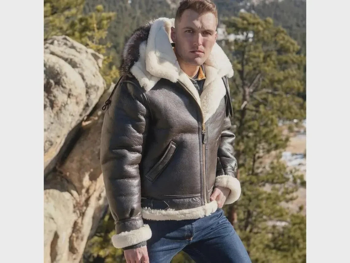 Men’s B3 Aviator Bomber Jacket Real Sheepskin Leather Faux Fur Pilot Coat Handma