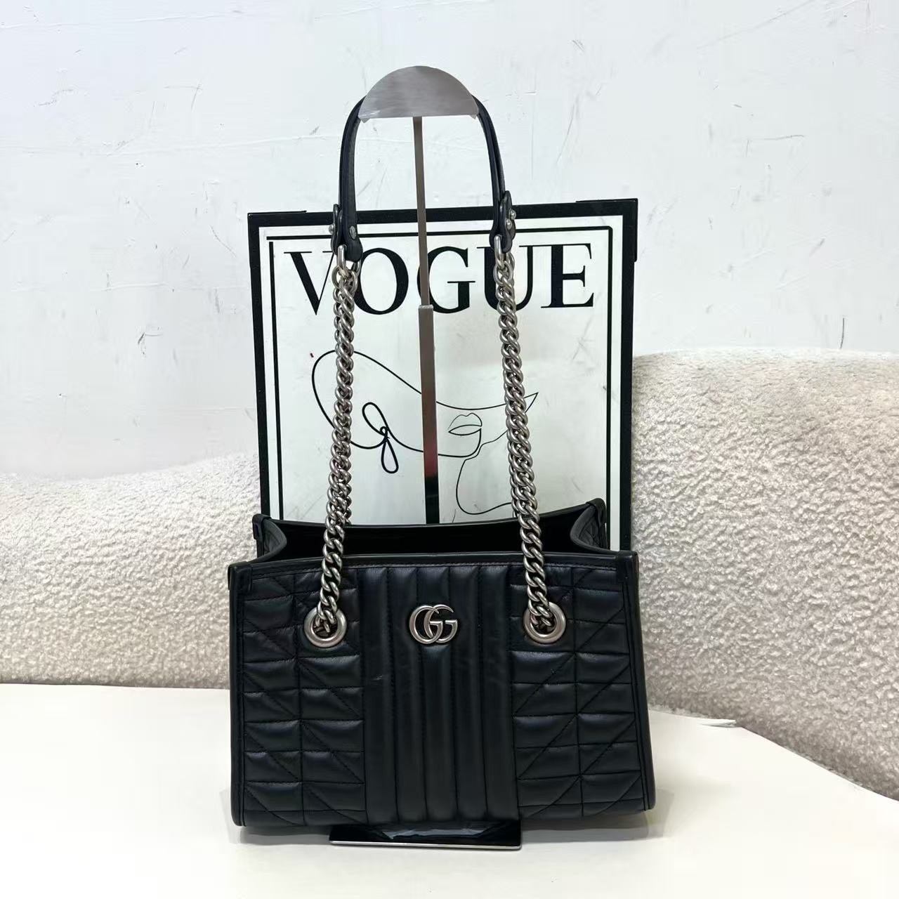 Gucci GG Marmont Black Medium Matelasse Leather Chain Tote Bag
