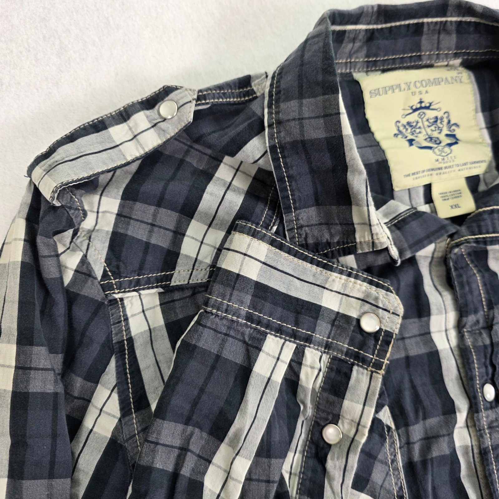 Supply Company USA Mens XXL Plaid Snap Front Western Shirt NavyWhite Cotton