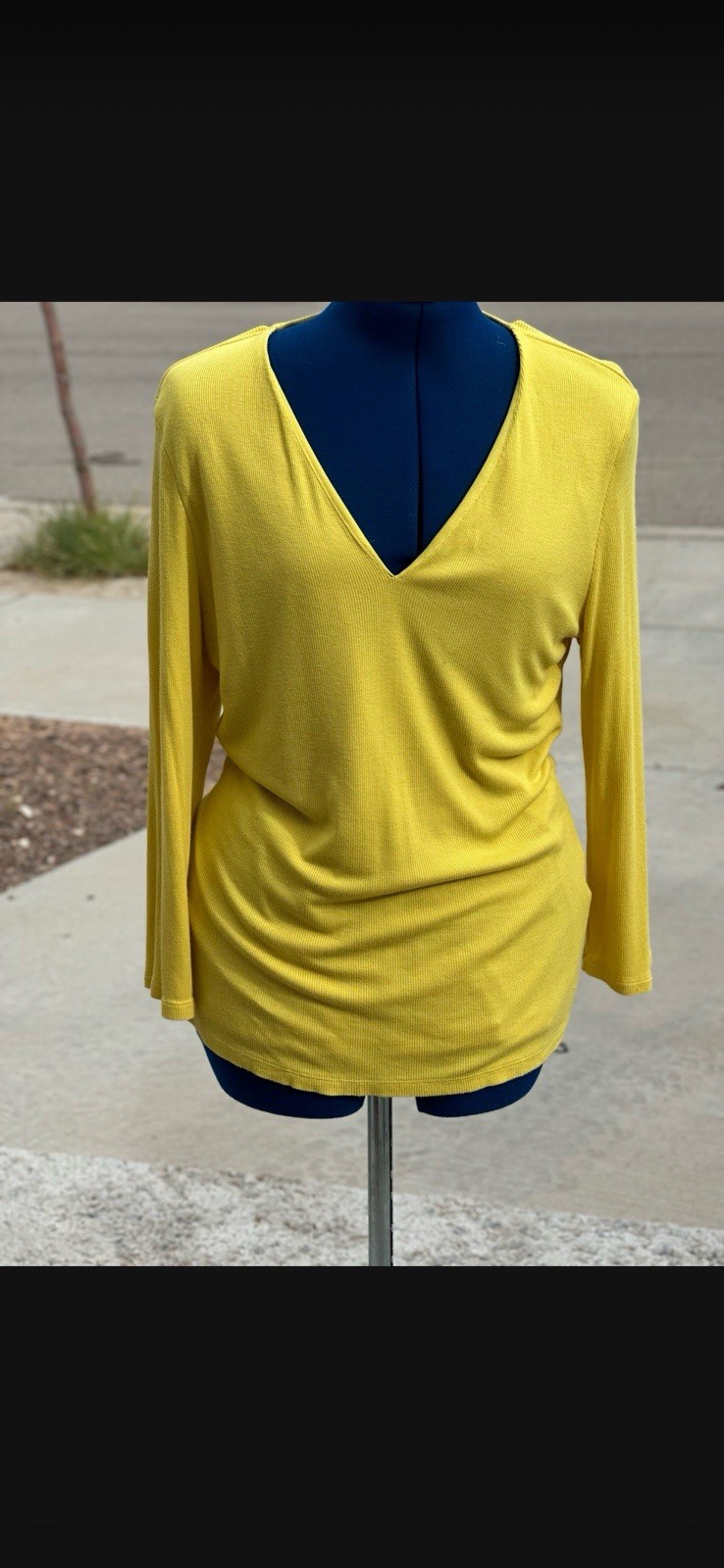 I.N.C. International Concepts Yellow Solid V-Neck Knit 3/4 Sleeve Top XL