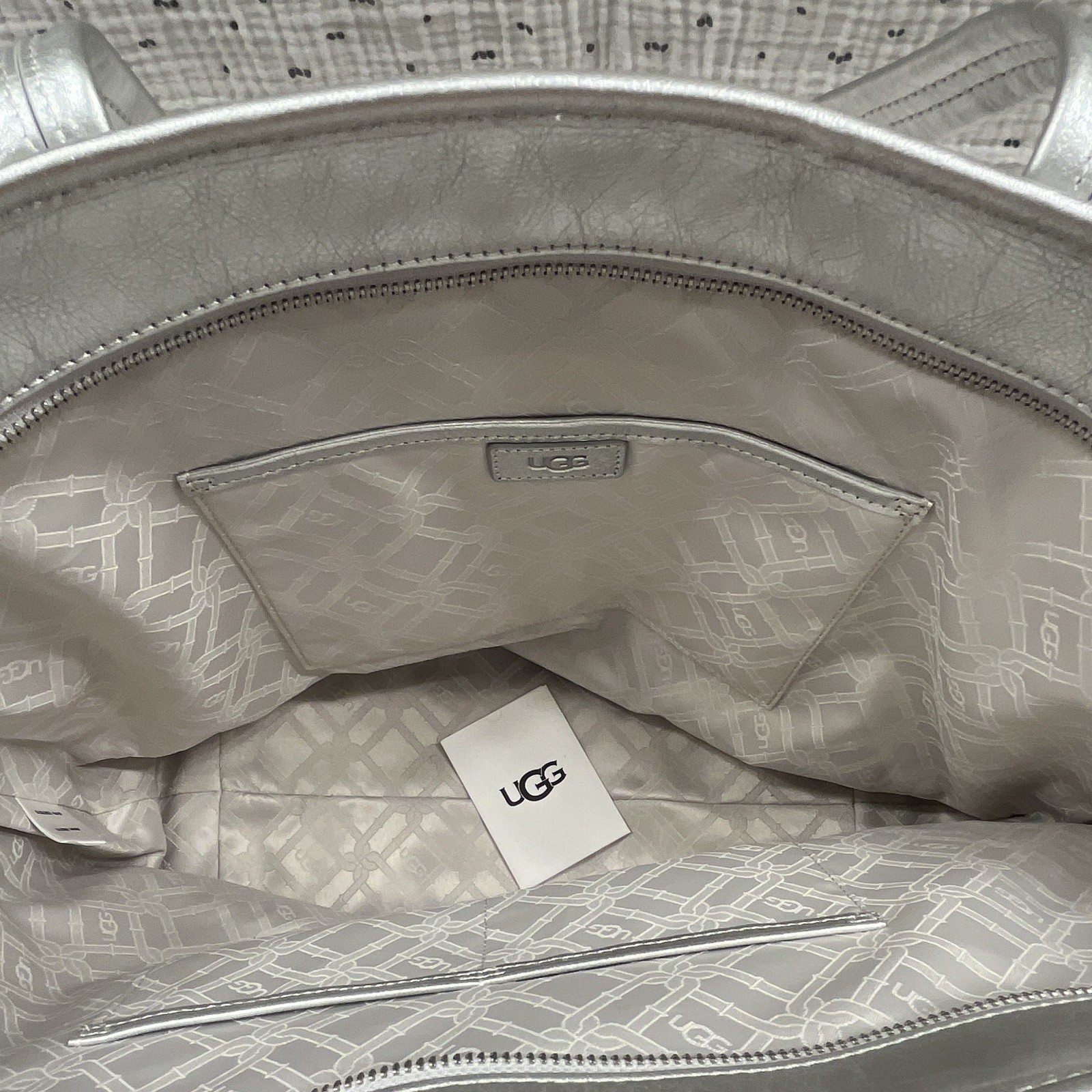 UGG Alina E/W Large Metallic Silver Zip Tote w/ Inner Pockets, Logo Accents