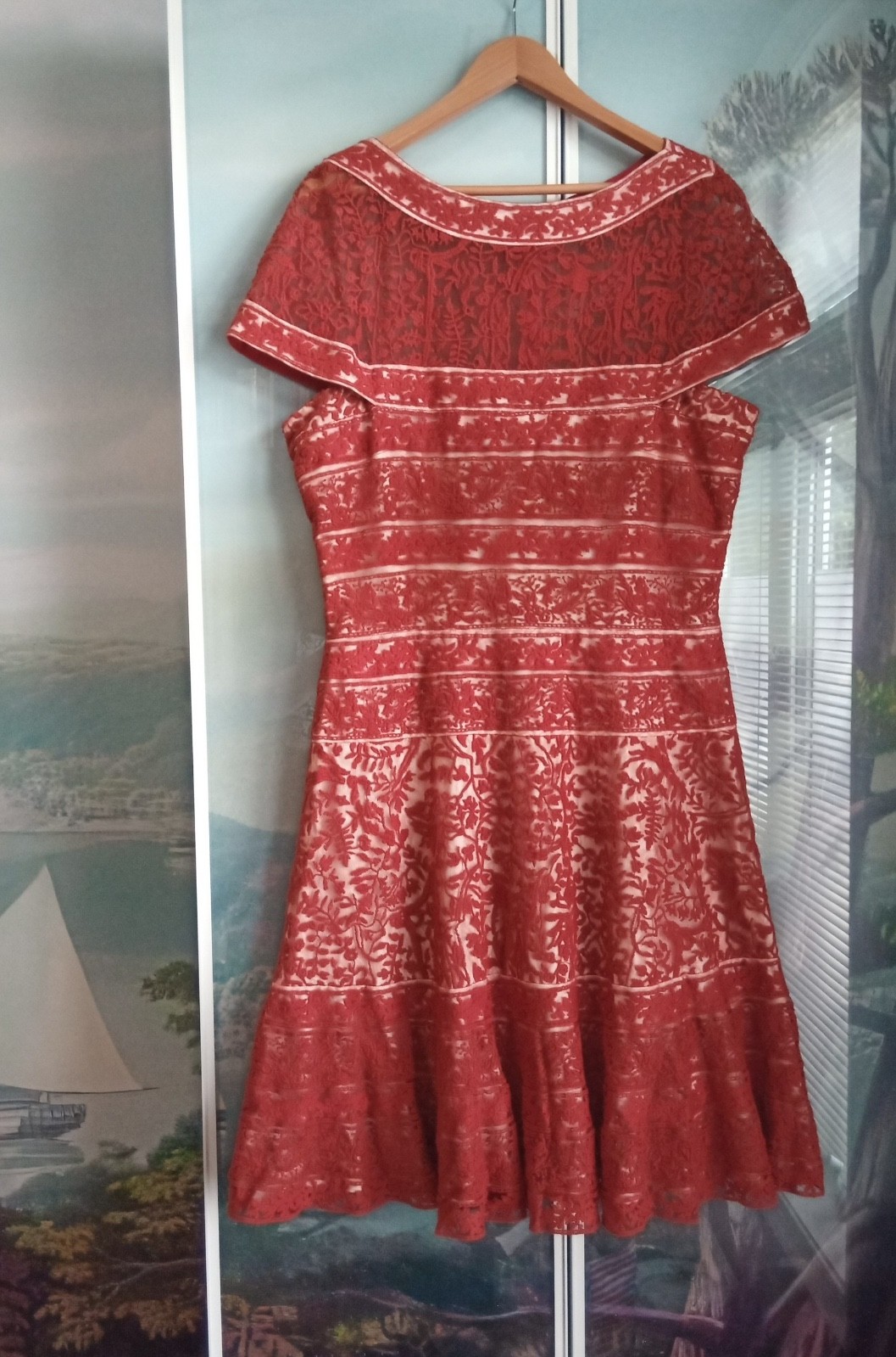 Tadashi Shoji Embroidered Banded Lace Dress US Size 18 Coral Orange White