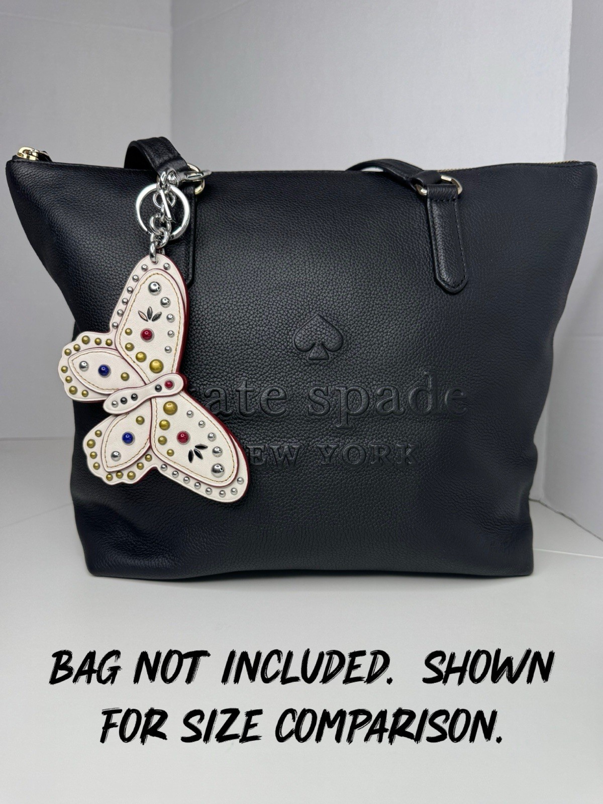 Coach Butterfly Large Leather Chalk White Colored Stone Metal Rivets Keychain