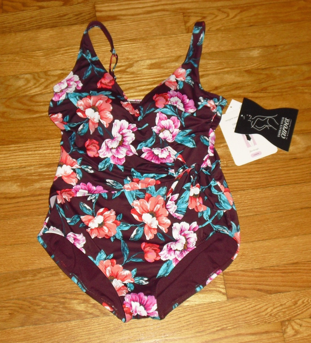 Miracle Brands Swimsuit Embrace Your Curves Burgundy Floral One Piece NWT Size L
