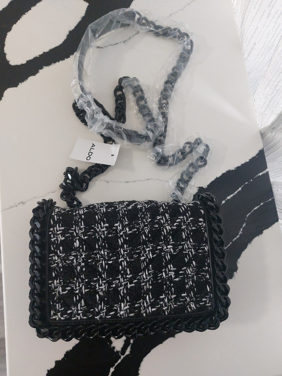 ALDO Black & White Tweed Flap Crossbody Chain Strap Magnetic Closure Small