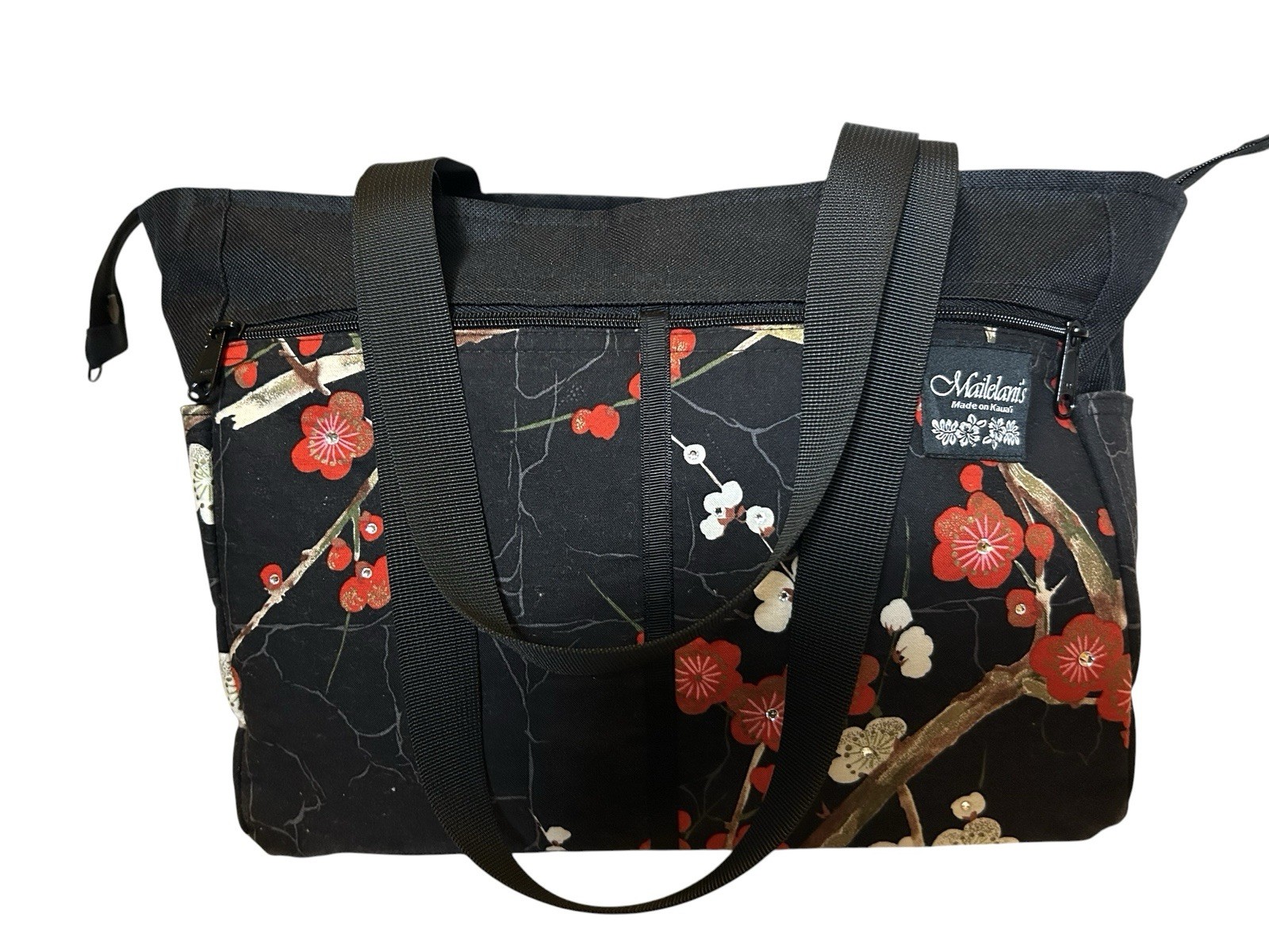 Mailelani’s Black Plum Blossom Tote Bag Zip Closure w/ Red Cherry Blossom Pouch