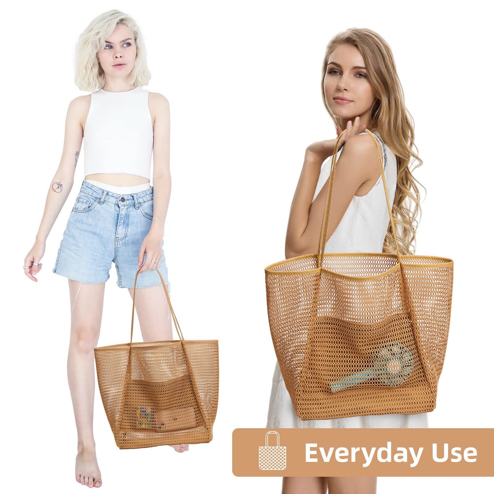 Casual Tote Bag Large Mesh Beach Friendly Picnic Vacation Shoulder Bag w/Pockets
