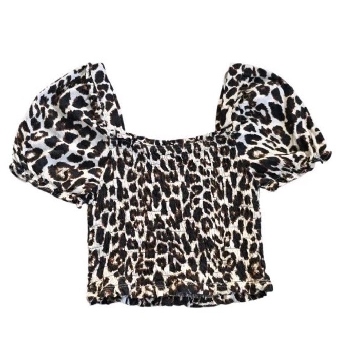 MONTEAU LA Sz S Crop Top Linen Blend Animal Leopard Smocked Shirt Puff Sleeve