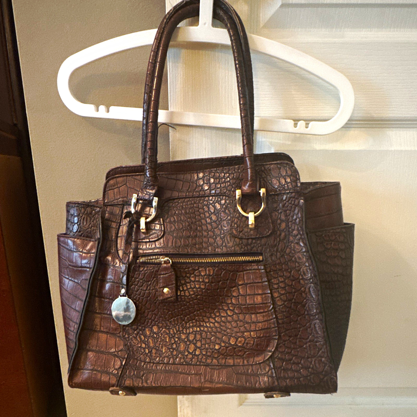 Brown Croc-Embossed Large Satchel Top Handle Bag, Zip Closure, Outer Pockets
