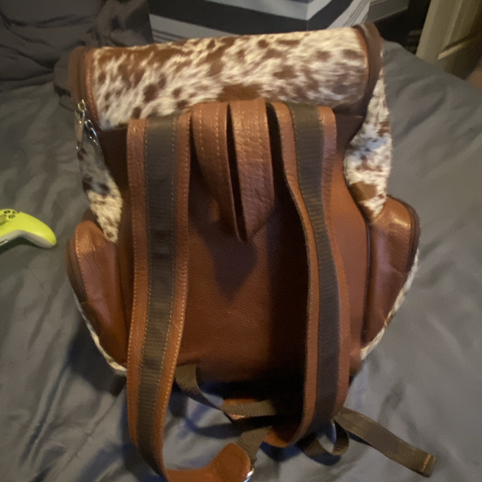 Real Cowhide Backpack Brown/White Zip, Inner Pockets, Adjustable Straps