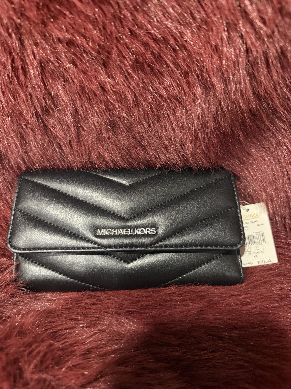 Michael Kors Black Quilted Flap Wallet Clutch Logo Card Slots Zip Compartment