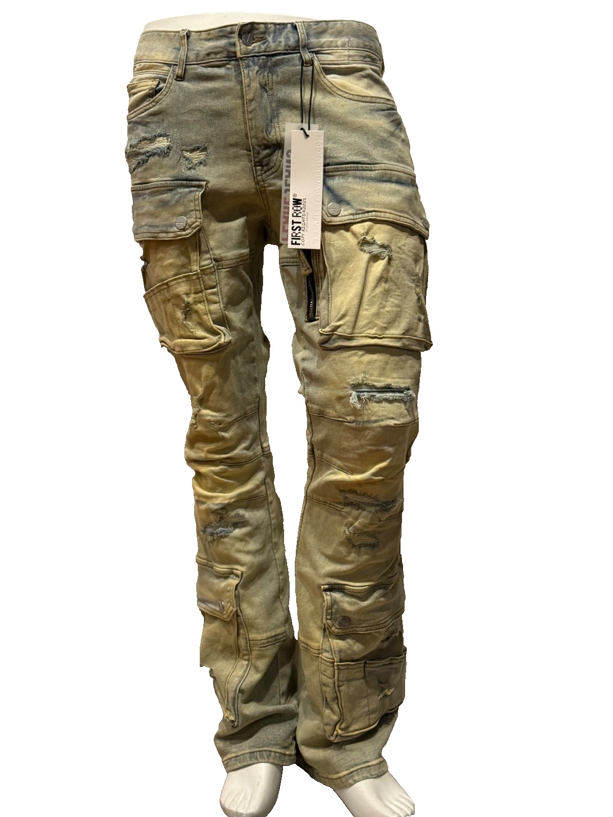 New! First Row Distressed Pocketed Stacked Jeans edge Ice Vintage Stacked Denim