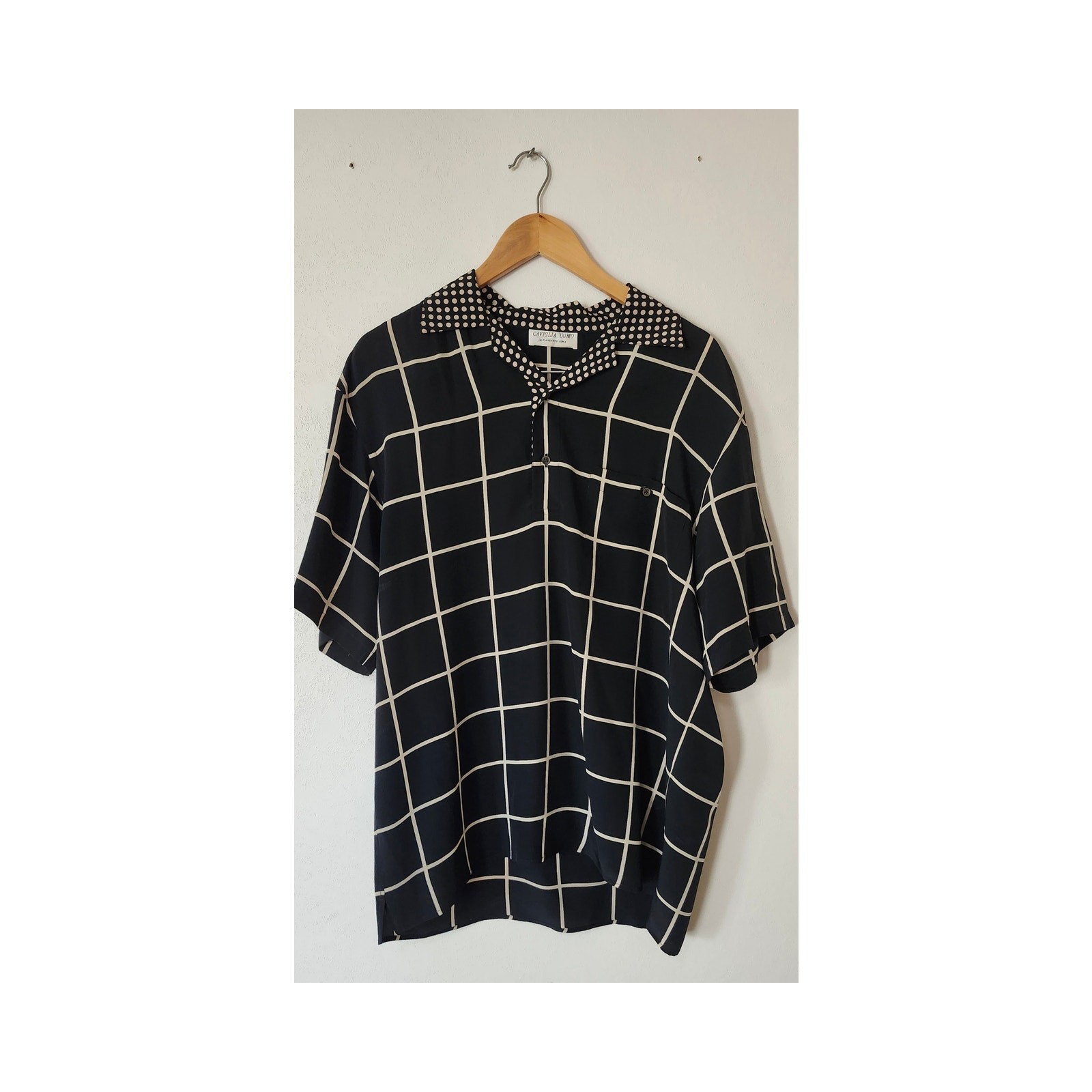 Vintage Caviglia Uomo 100% Silk Shirt Men’s L Black Windowpane Italy Short Sleev