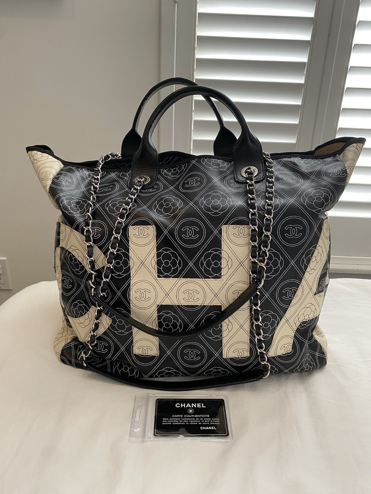 CHANEL Large Deauville Camellia Shopping Coated Canvas Tote Bag Black Beige✨