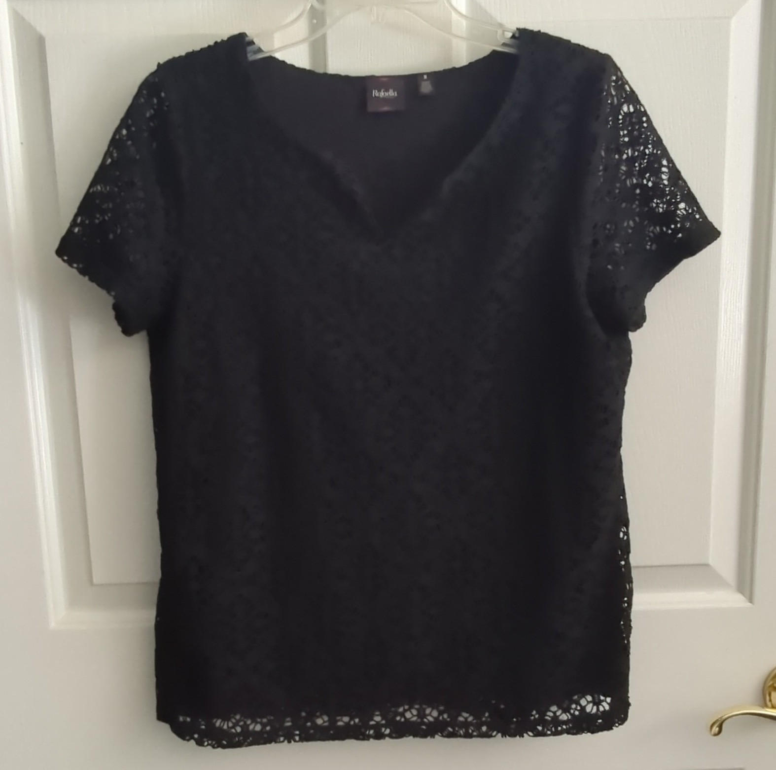 Rafaella Women’s Black Sheer Lace With Lining Solid V-Neck Short Sleeve Blouse M