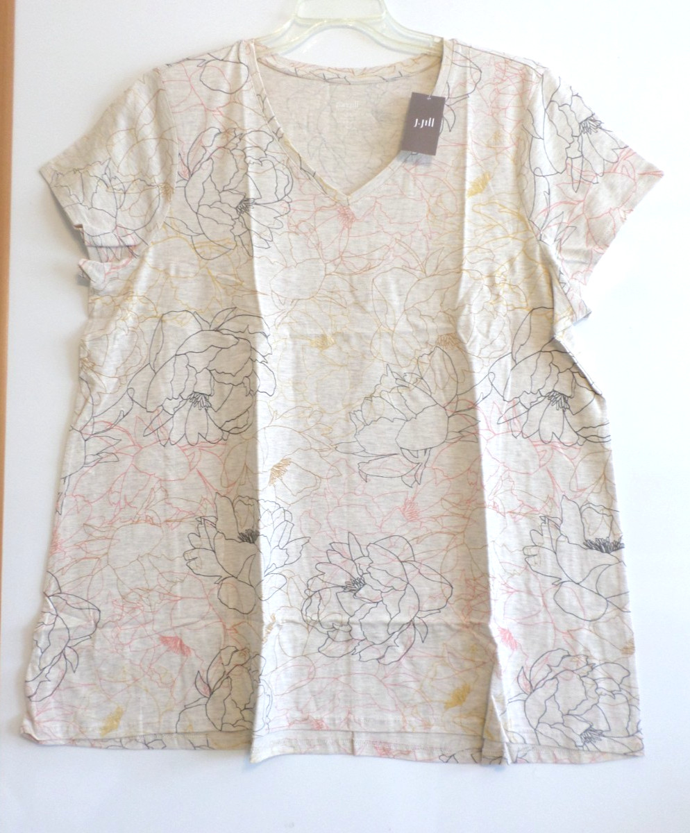 NWT PURE JILL(J JILL) SS V NECK PIMA ELLIPTICAL TEE-XL-OATMEAL SKETCH FLORAL