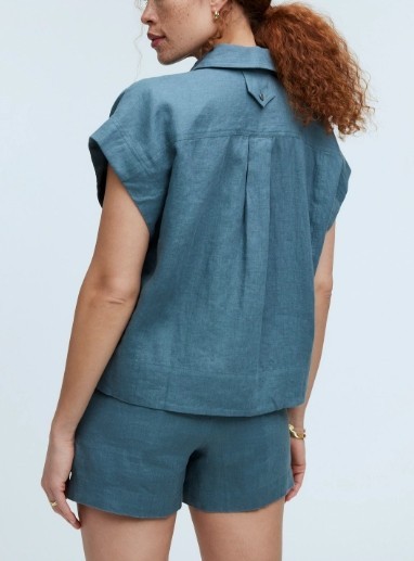 Madewell Flap-Pocket Button-Up Shirt 100% Linen mineral Green Cropped Casual XXL