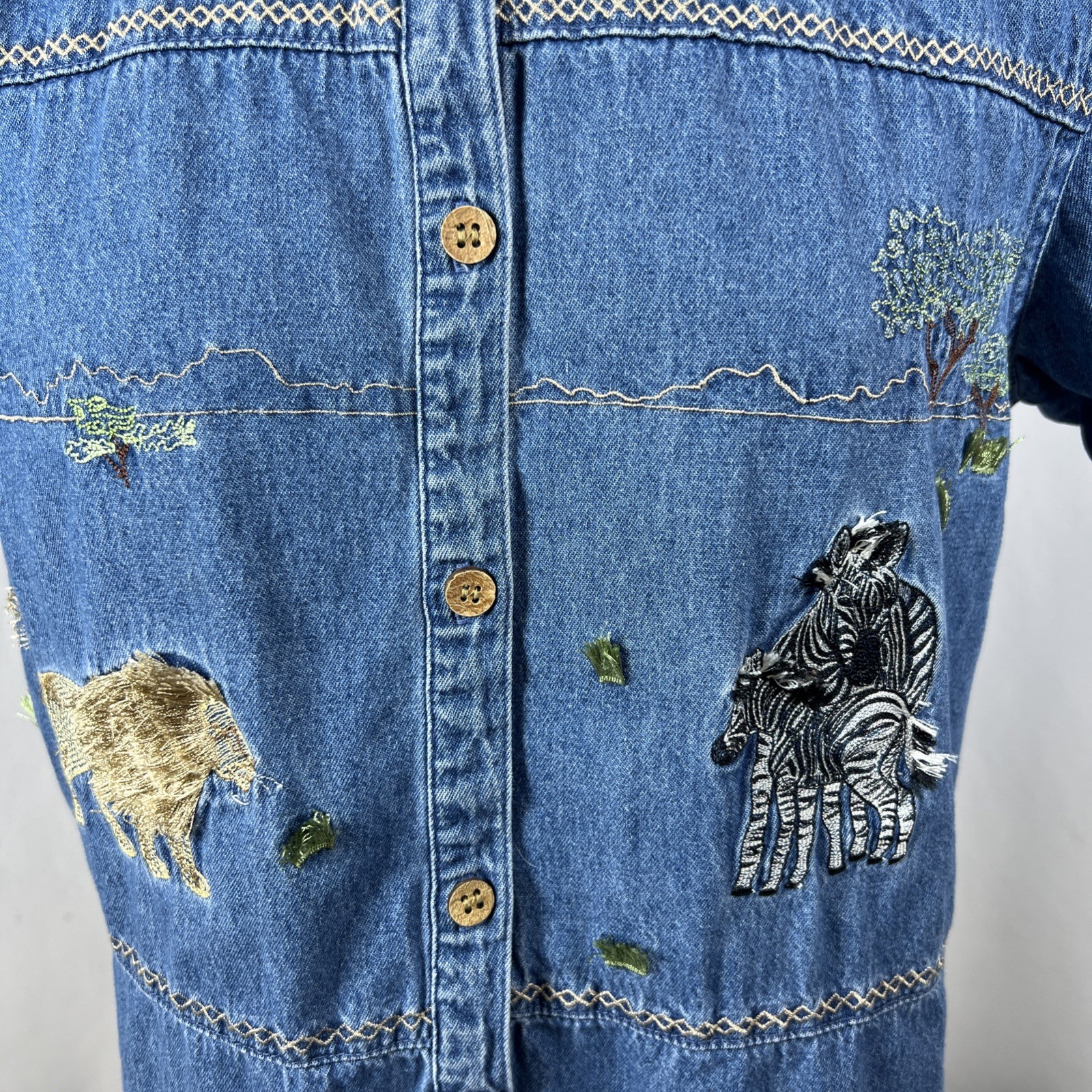 Vintage Lemon Grass Safari Denim Blouse Lion Zeba Embroidery Size Petite Medium
