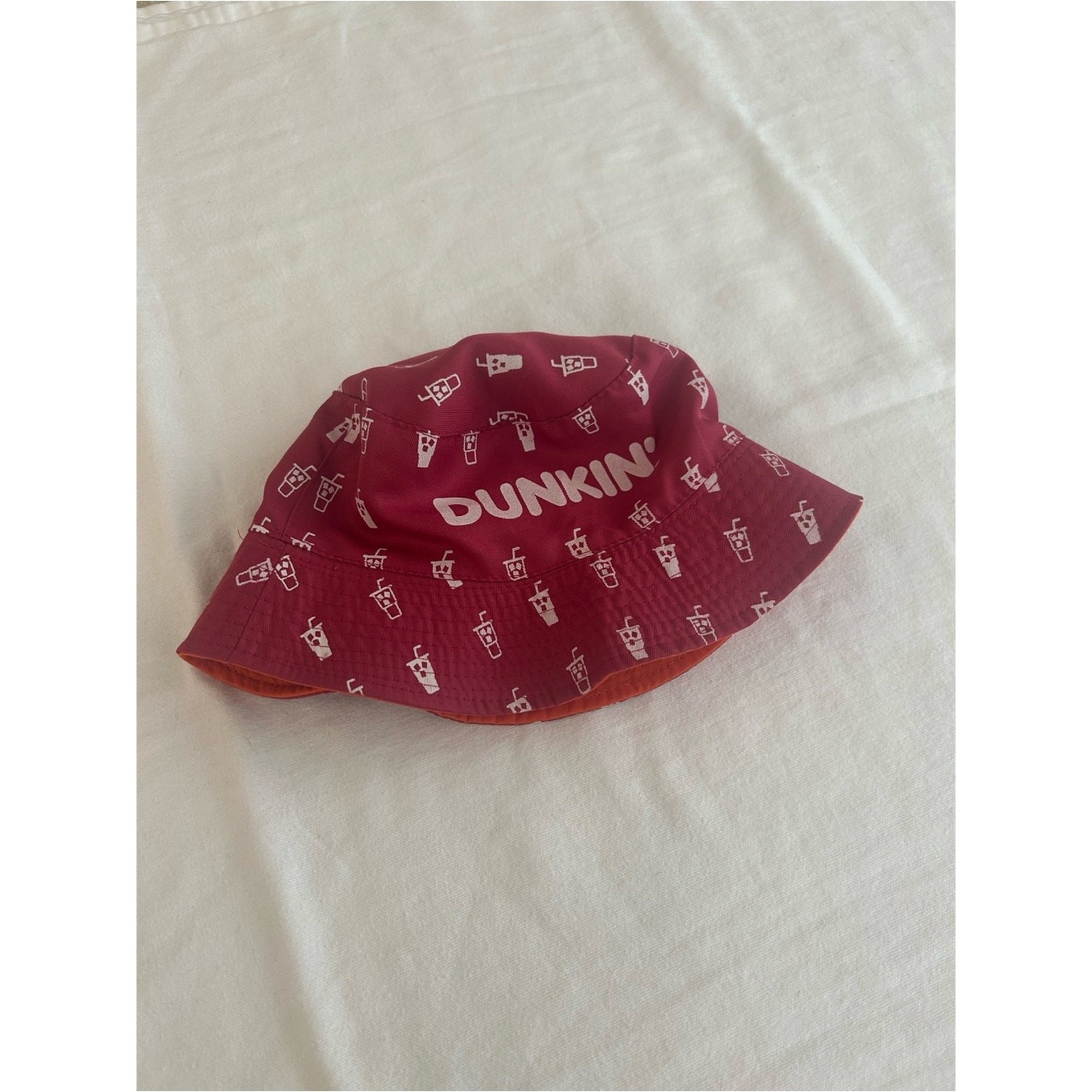 Dunkin Reversible Bucket Hat Orange Pink Coffee Cup Print Logo Hat