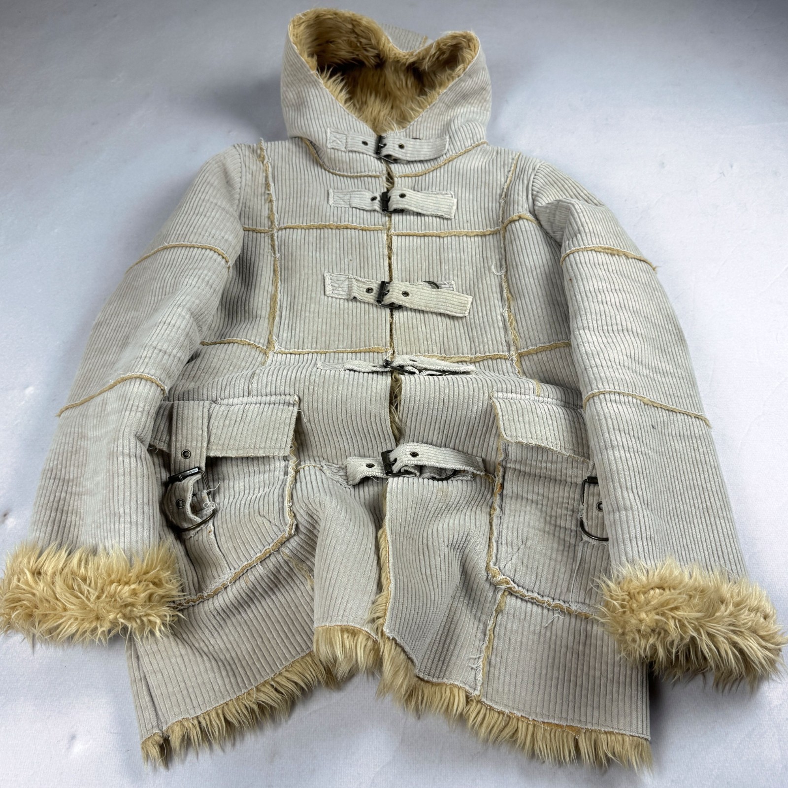 Womens Vintage Y2K Beige Corduroy Faux Fur Hood Jacket Buckle Utility Boho 2000s