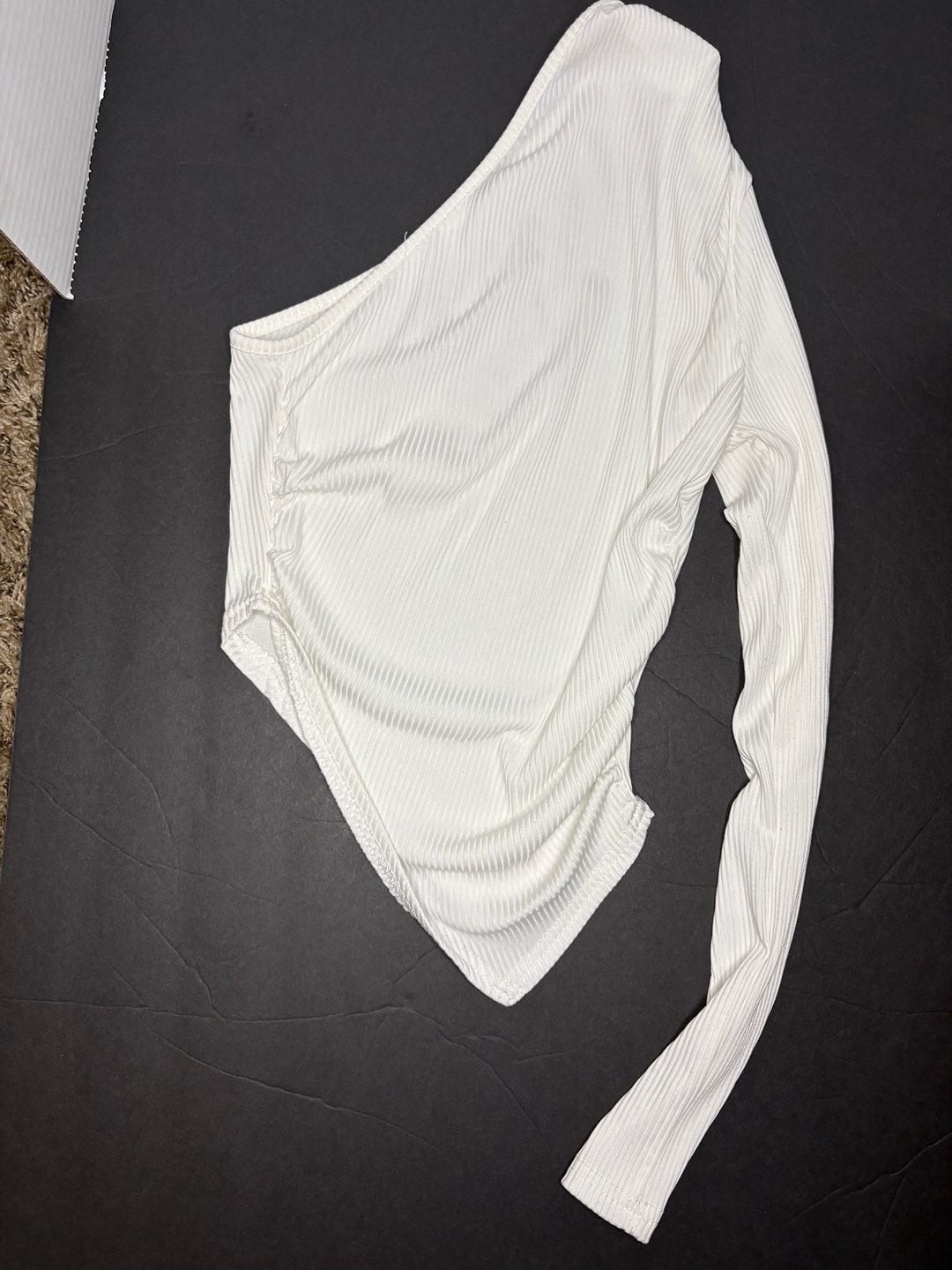 SHEIN Solid White Ribbed One-Shoulder Long Sleeve Top