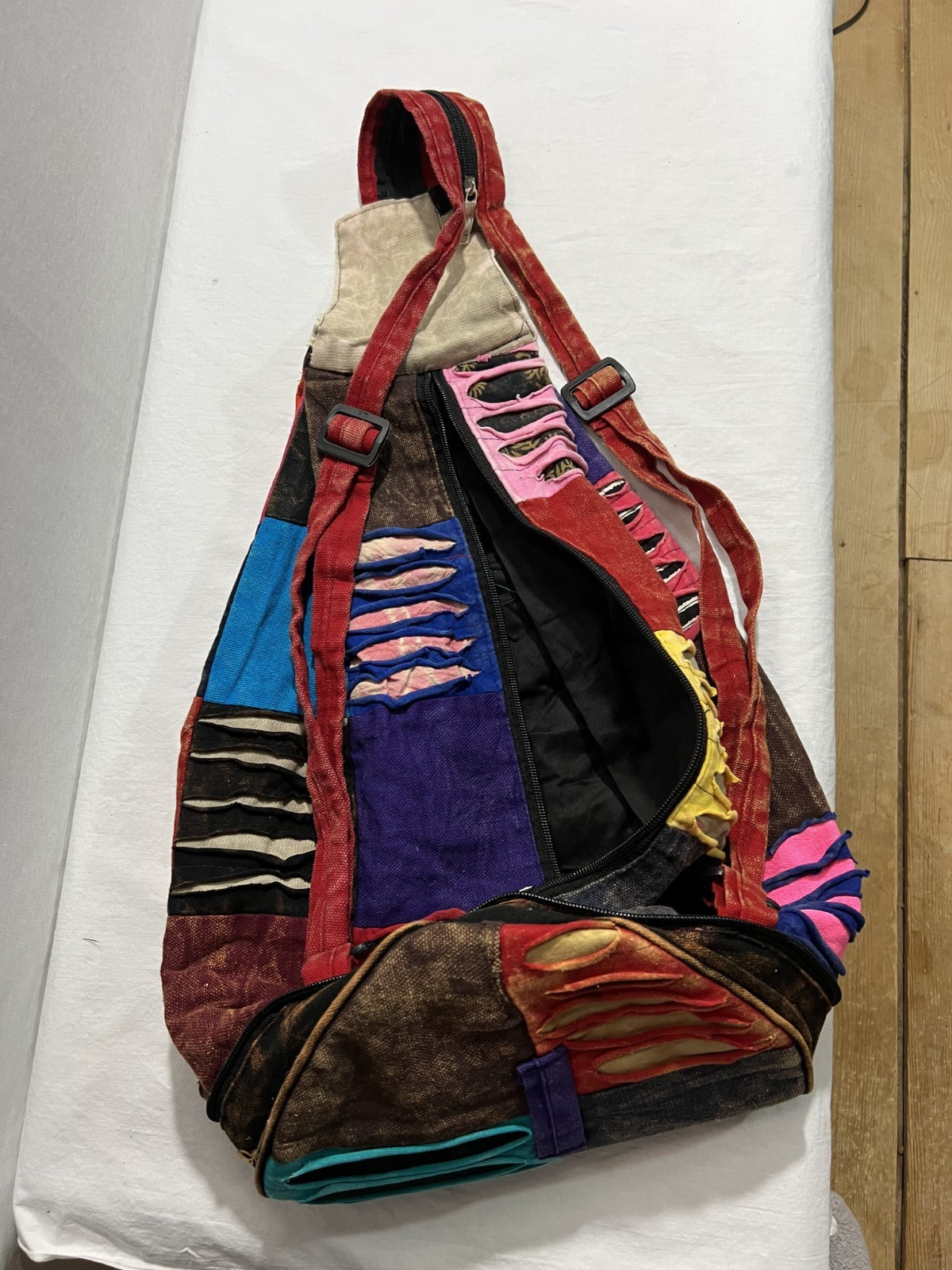 NWOT Patchwork Cotton Fold up Backpack Stonewash Multicolor Peace Sign ~15 x16″