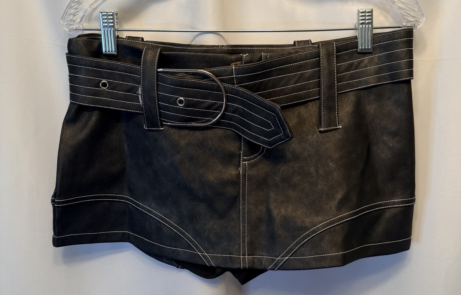 Edikted Washed Black Faux Leather Mini Skort Size Medium Belted Y2K Clubwear