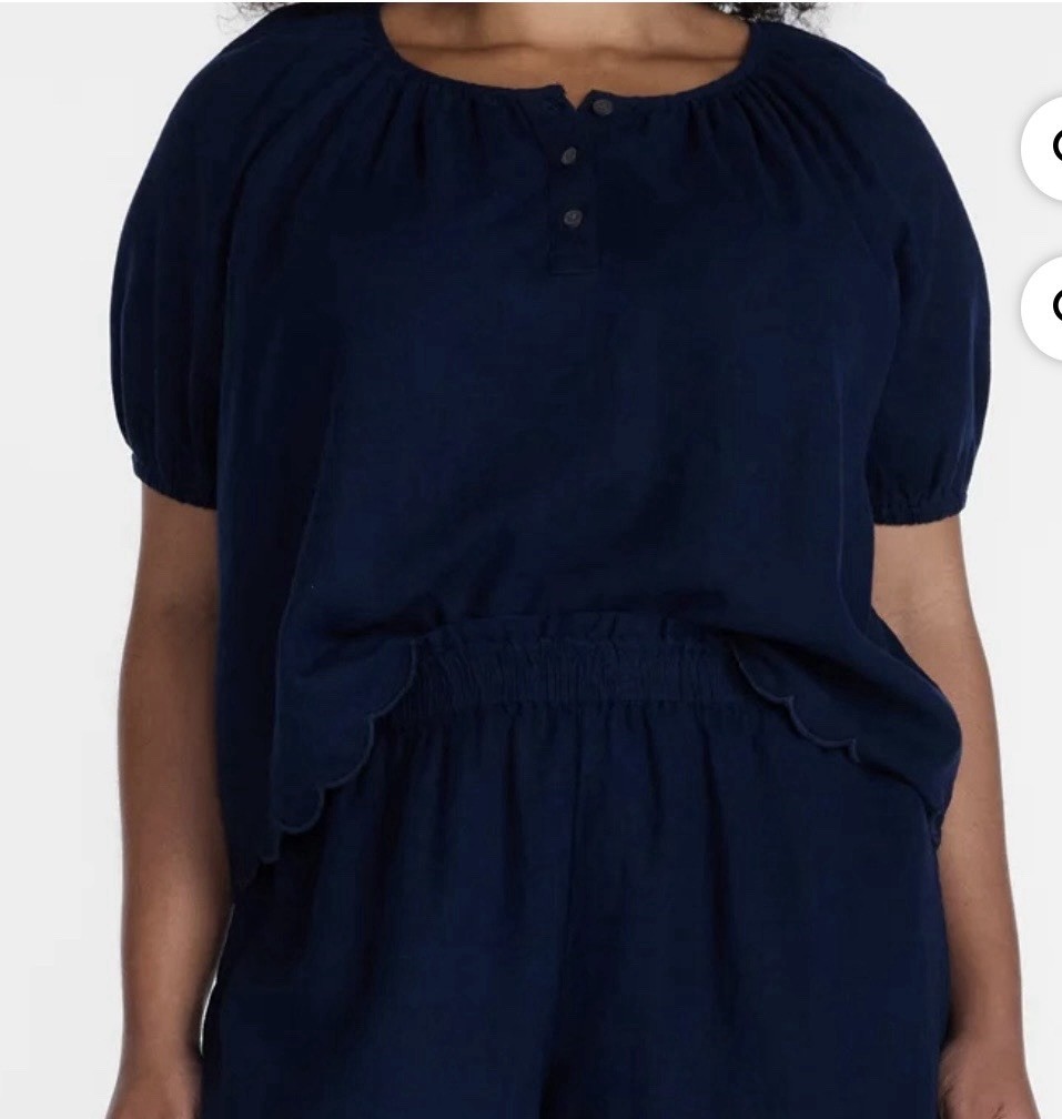 New Time and Tru Blue Linen Blend Scalloped Hem Blouse – Size XL (16-18)