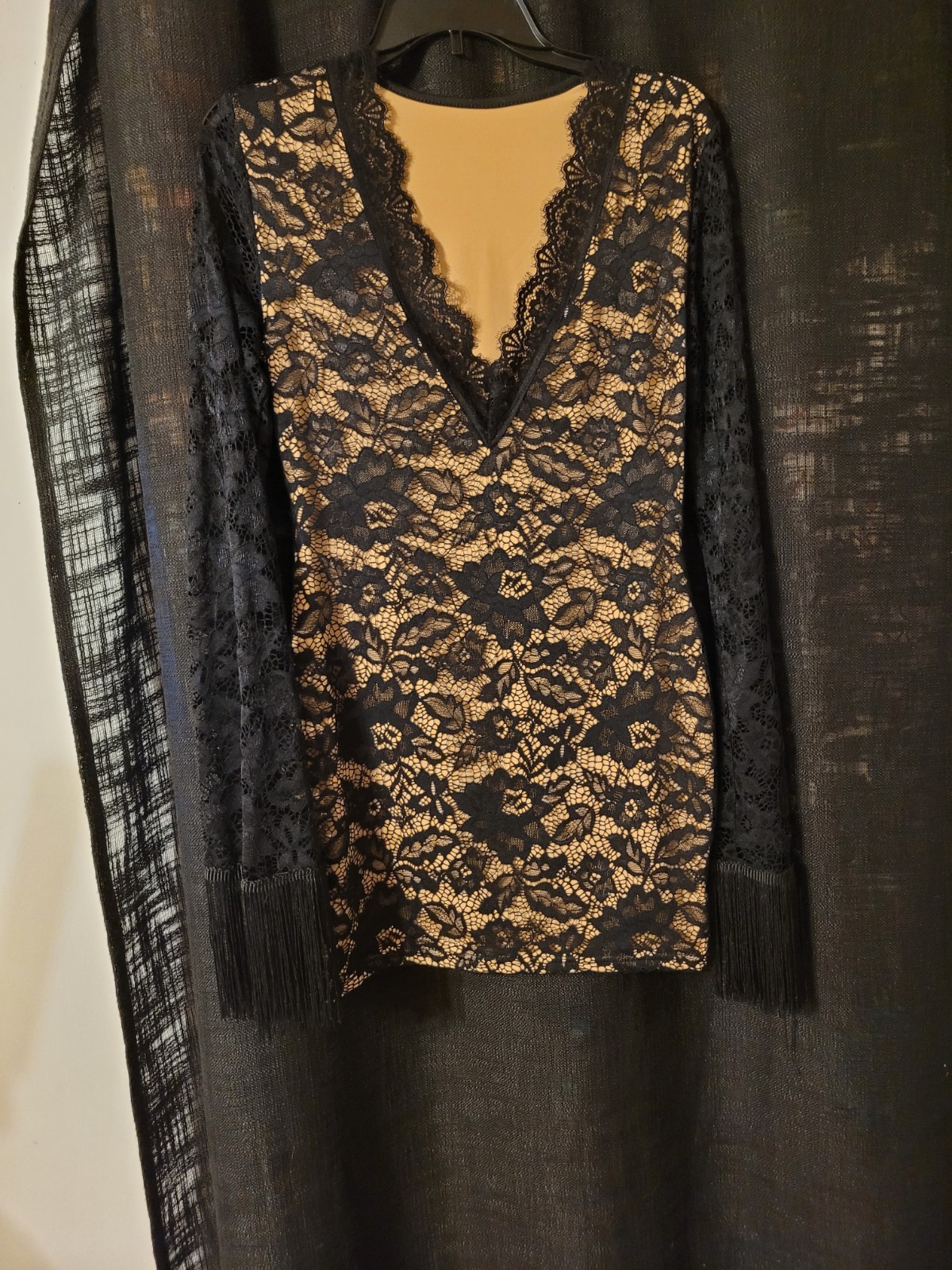 SweatyRocks Lace Mini Dress Floral Deep V Neck Fringe Sleeve Black Nude L Fits M