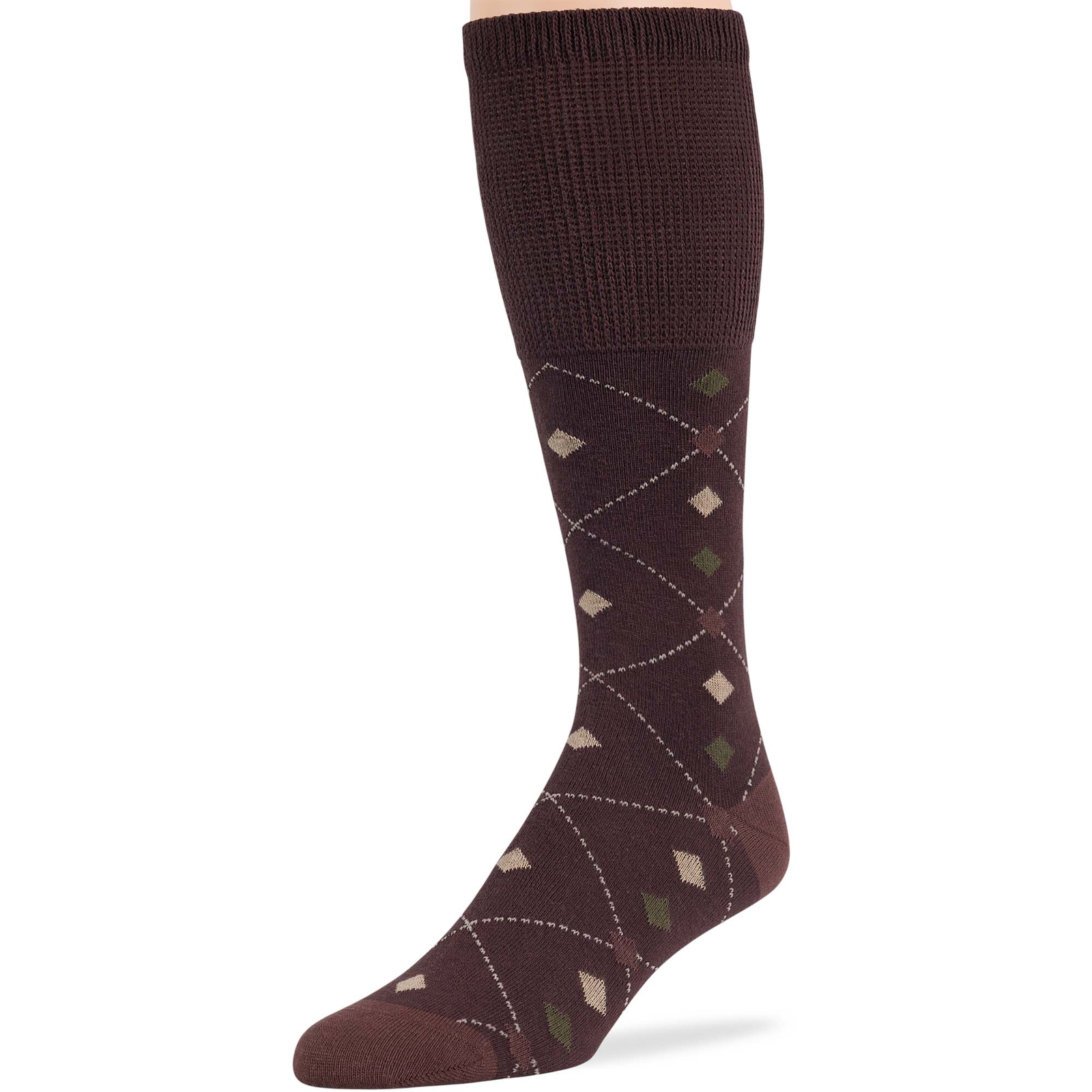 Men Diabetic Cotton Mid-Calf Socks 5 Pack XLarge Argyle Stripe Brown Denim Blue