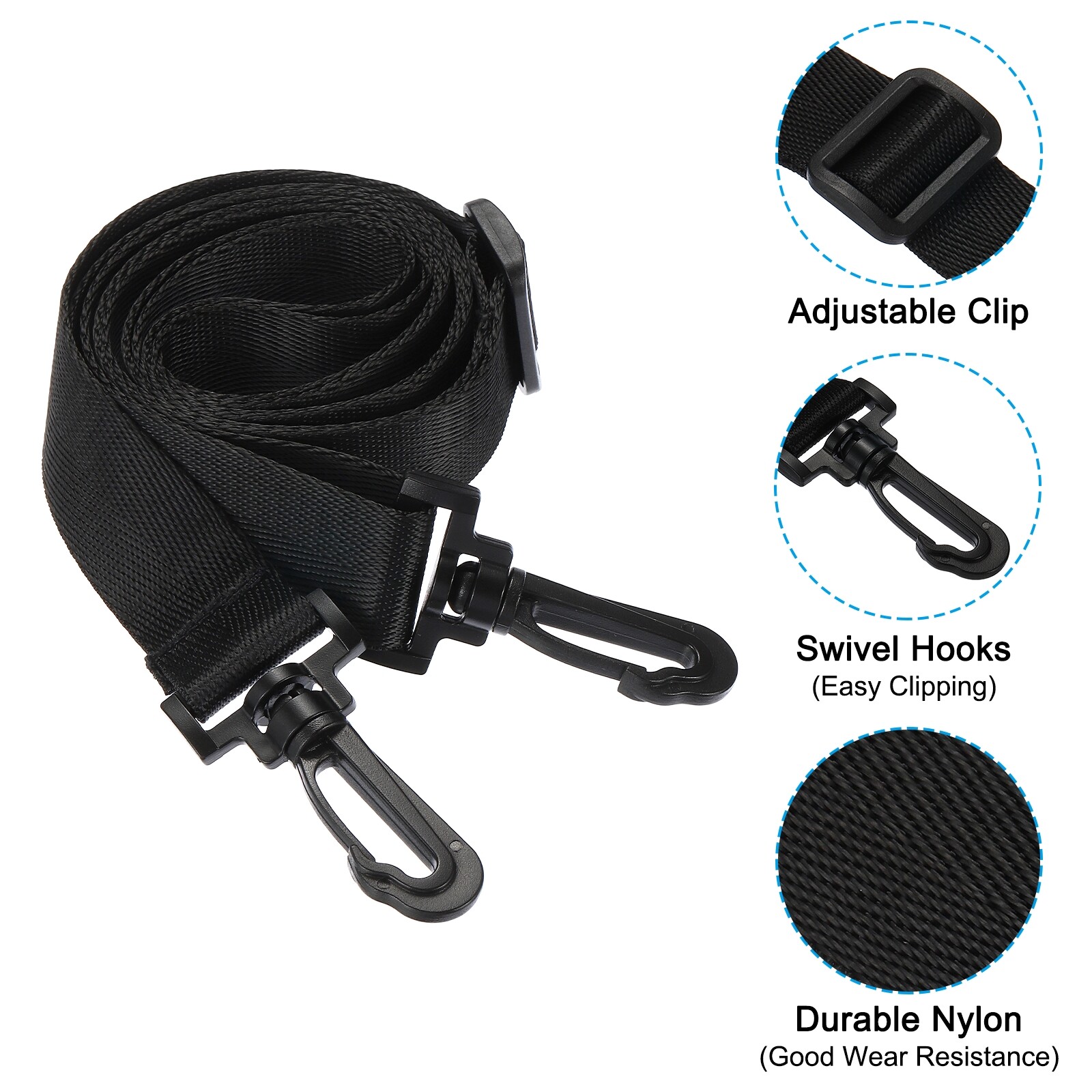59″ Shoulder Strap, 0.98″ Width Adjustable Strap with Plastic Hooks, Black