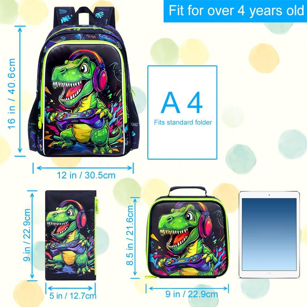 3PCS Boys Dinosaur Play Game Backpack Set, Water Resistant 16″ Kids Preschool Bo