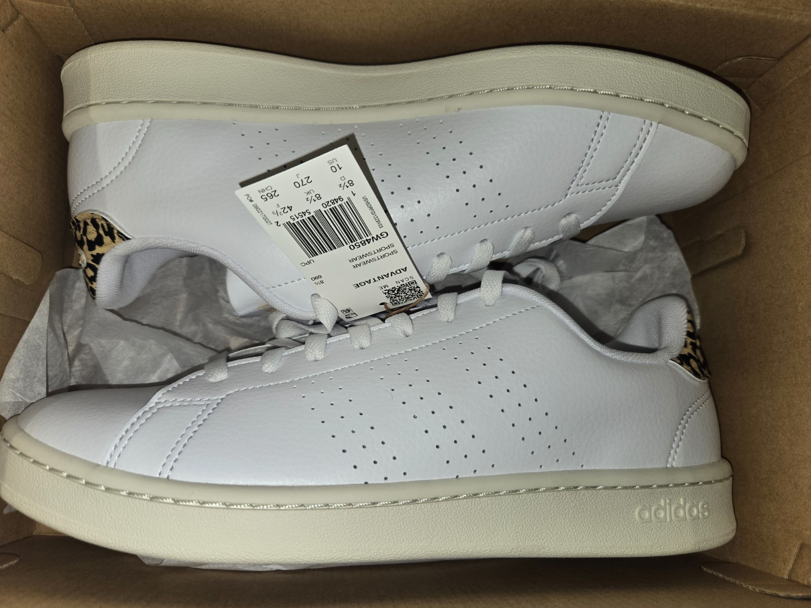 Size 10 – Adidas Advantage White Leopard W