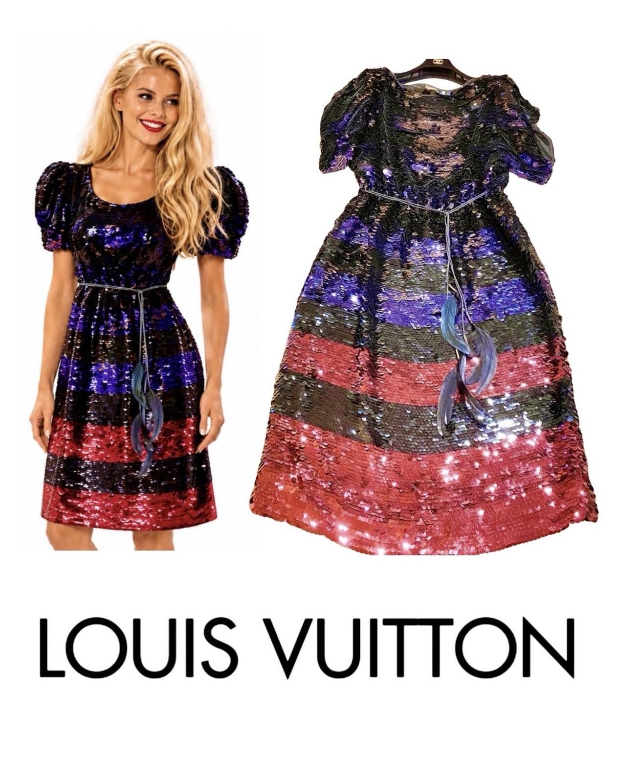 11K Louis Vuitton Red Sequin Stripe Party Dress Feather Belt Set 36 38 4 6 S M