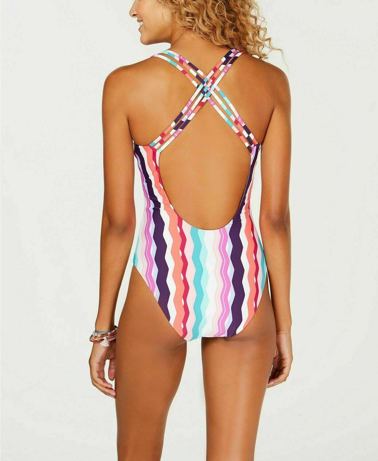 Bar III White Multi-Color Printed Waves Plunge 1-Piece Swimsuit NWOTD Large