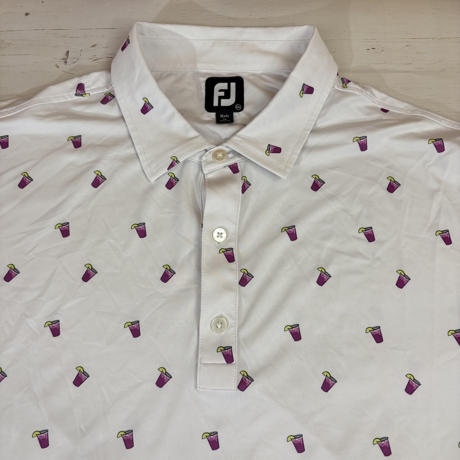 FootJoy Golf Polo Shirt Mens 2XL White Drink Cup Print Short Sleeve Performance