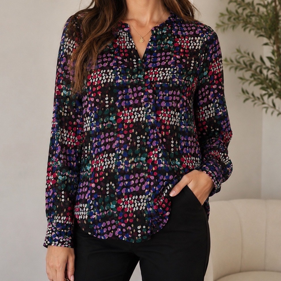 See U Soon 100% Silk Abstract Polka Dot Metallic Blouse Small gf