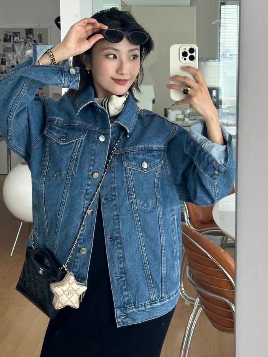 Toteme New Vitality Blue Classic Cotton Washed Leather Logo Denim Jacket