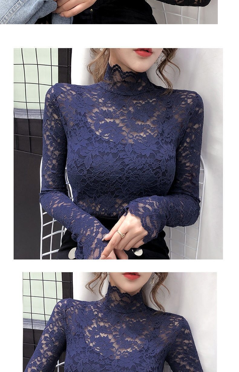 Half High Collar Lace Bottomed Blouse Mesh Hollow Out Long Sleeve Shirt Plush