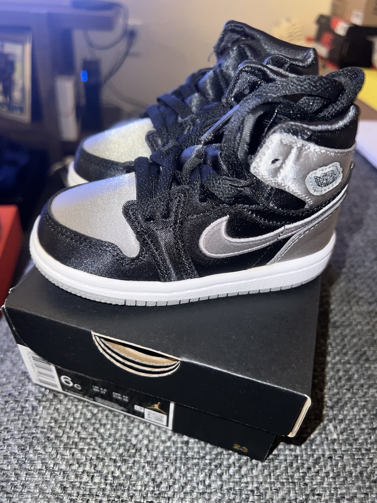 Nike TD Air Jordan 1 Retro High OG Satin Shadow Black/Grey FD5305-010 Size 6C