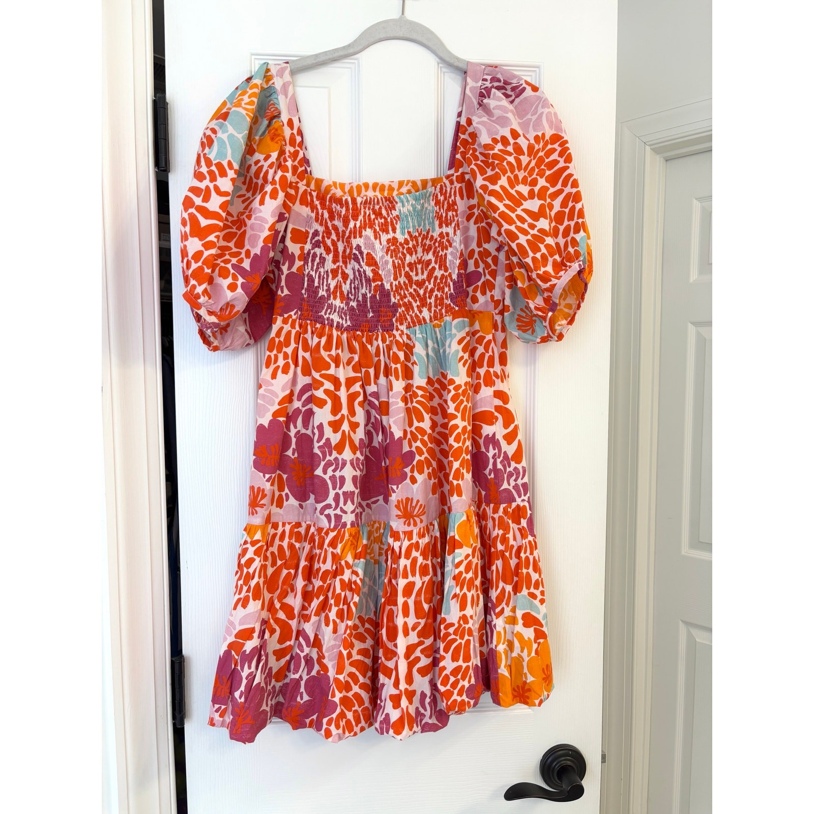 Oliphant Puff Sleeve Bubble Skirt Dress in Antigua Orange Floral size Small