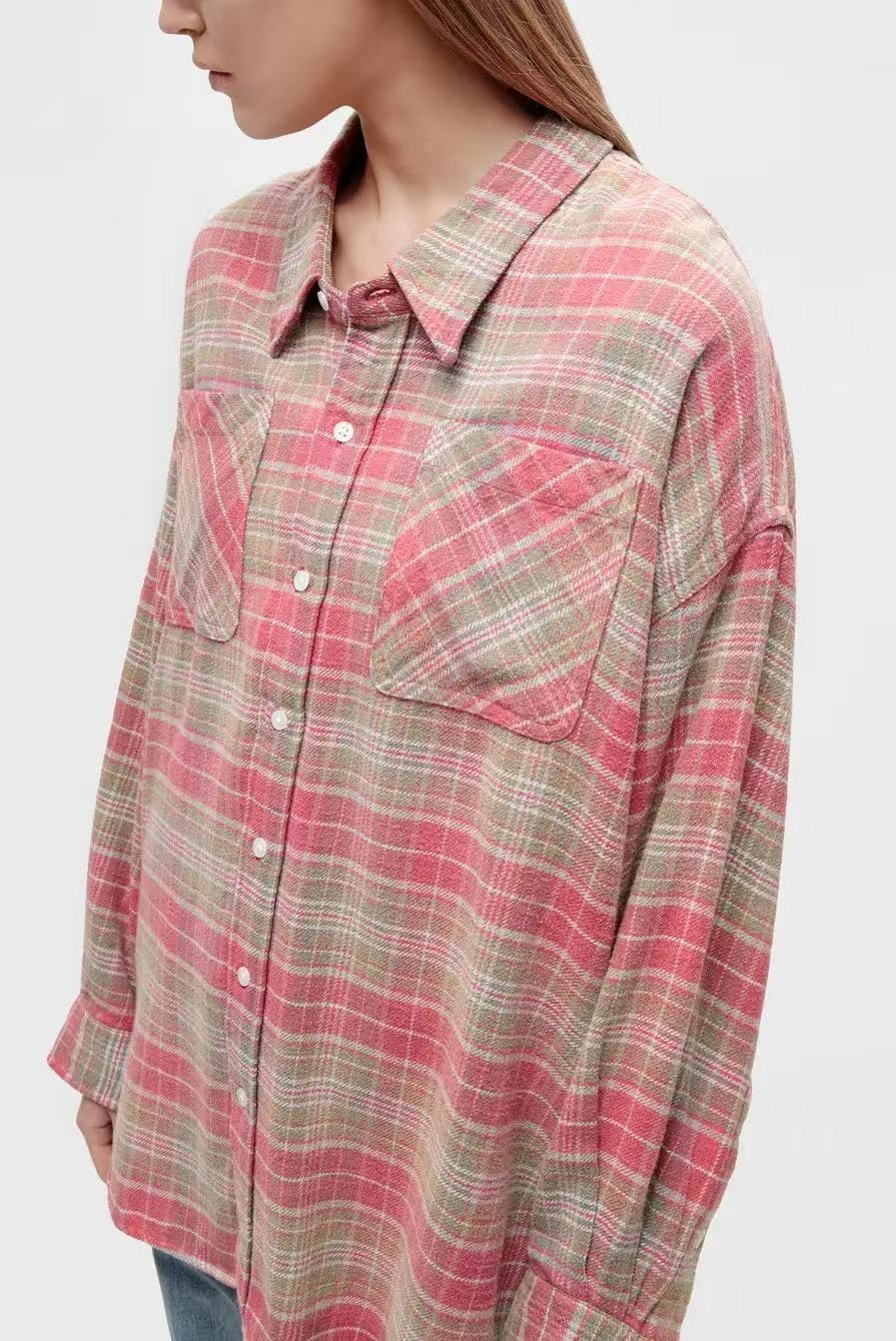 R13 DROP NECK WORKSHIRT in Pink Teal Plaid Size S