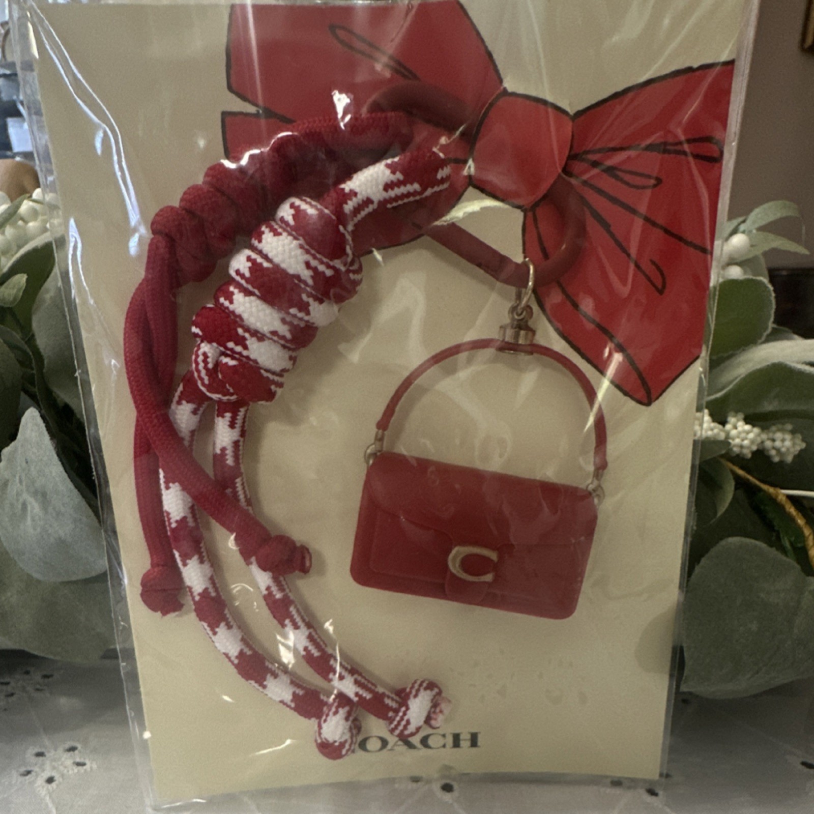 Coach Red White Key Chain Bag Charm Bow Logo Accent Designer Women’s Accessory