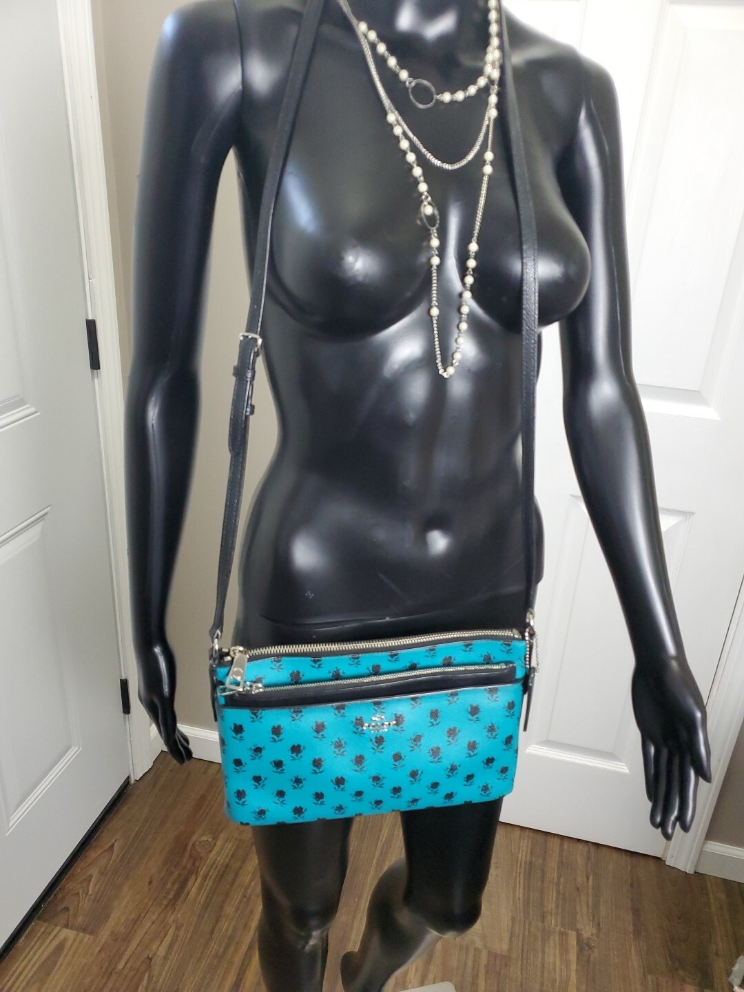 COACH Leather Floral Badlands Print Crossbody Bag Turquoise Blue Green Black
