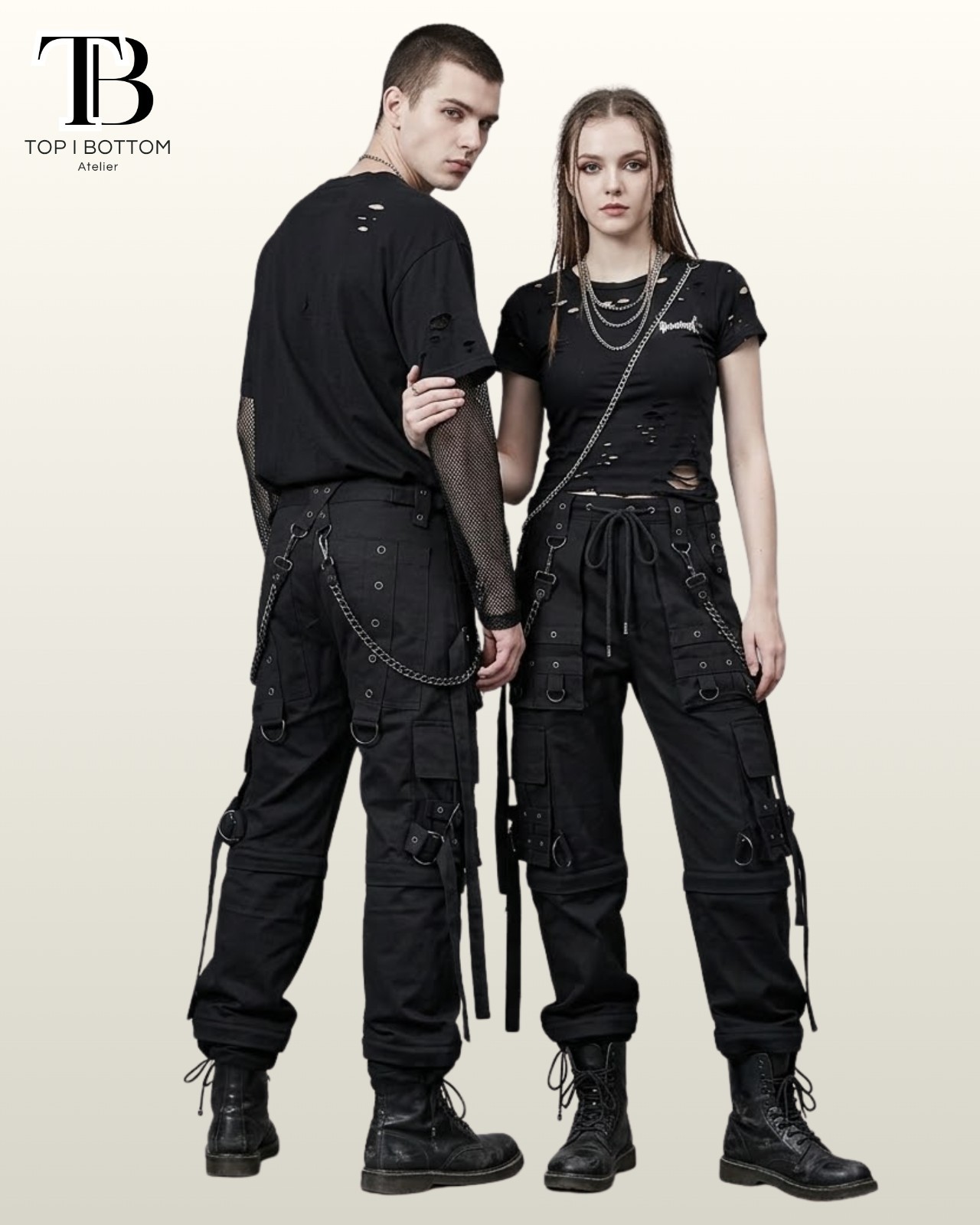 Unisex Black Tactical Cargo Pants Gothic Utility Trousers with Chains And Straps