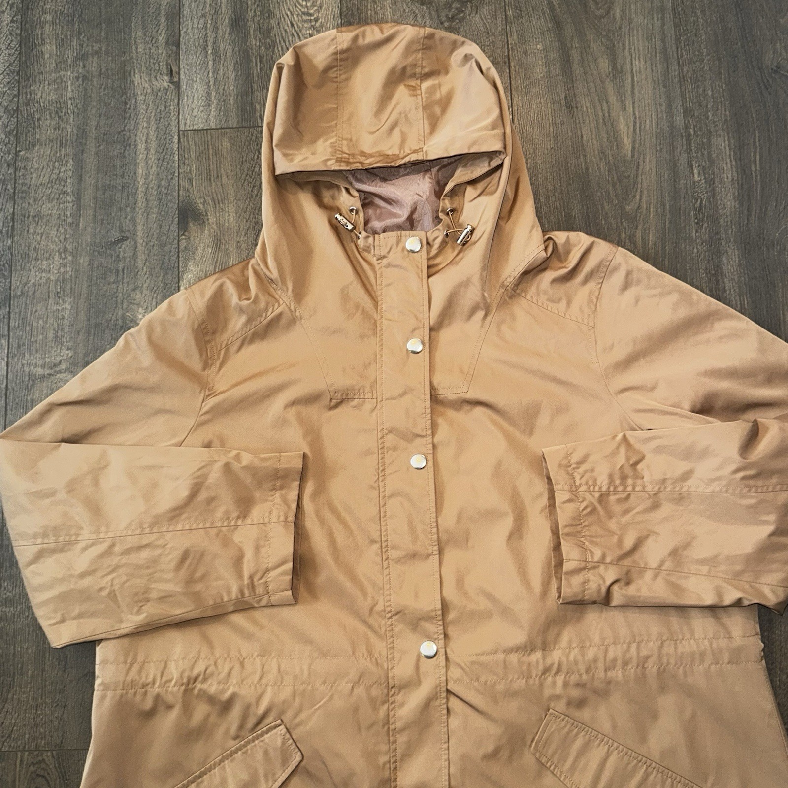 Time&Tru Women’s 1X Hooded Utility Jacket Zipup Button Hooded Khaki Windbreaker
